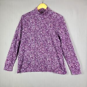 Lands End Relaxed Cotton Long Sleeve Mock Turtleneck Purple Paisley Top Size L